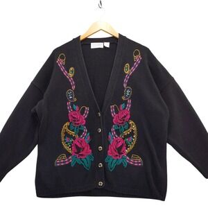 vtg Stefano World Wide Rose Embroidered Sequin Gem Knit Cardigan‎ Sweater 22/24